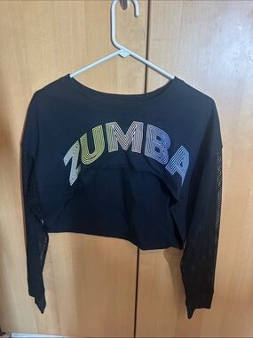 Zumba Fitness Black Cropped Long-Sleeve Mesh Sleeve Top with Rainbow Logo
